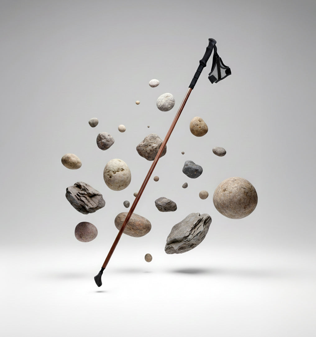 Walking stick with stones on a gray background