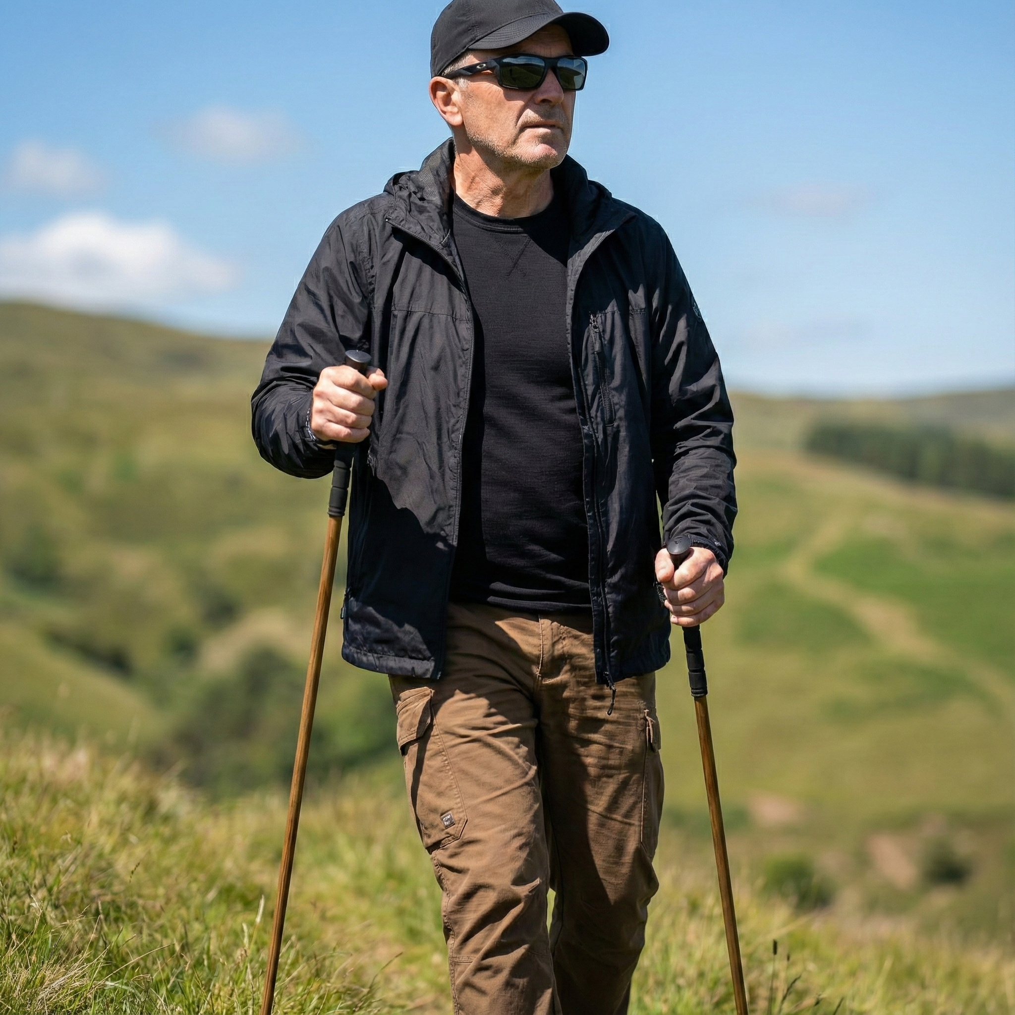 Man hiking with walking sticks in a scenic outdoor setting