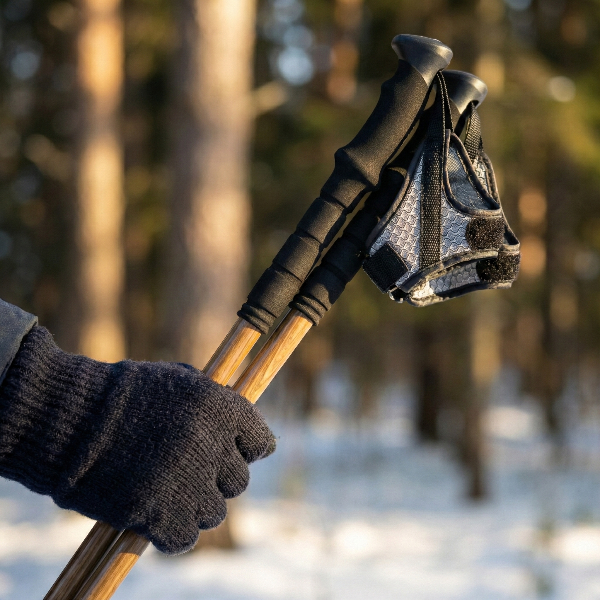 Person holding a pair of nordic walking poles with gloves in a snowy forest