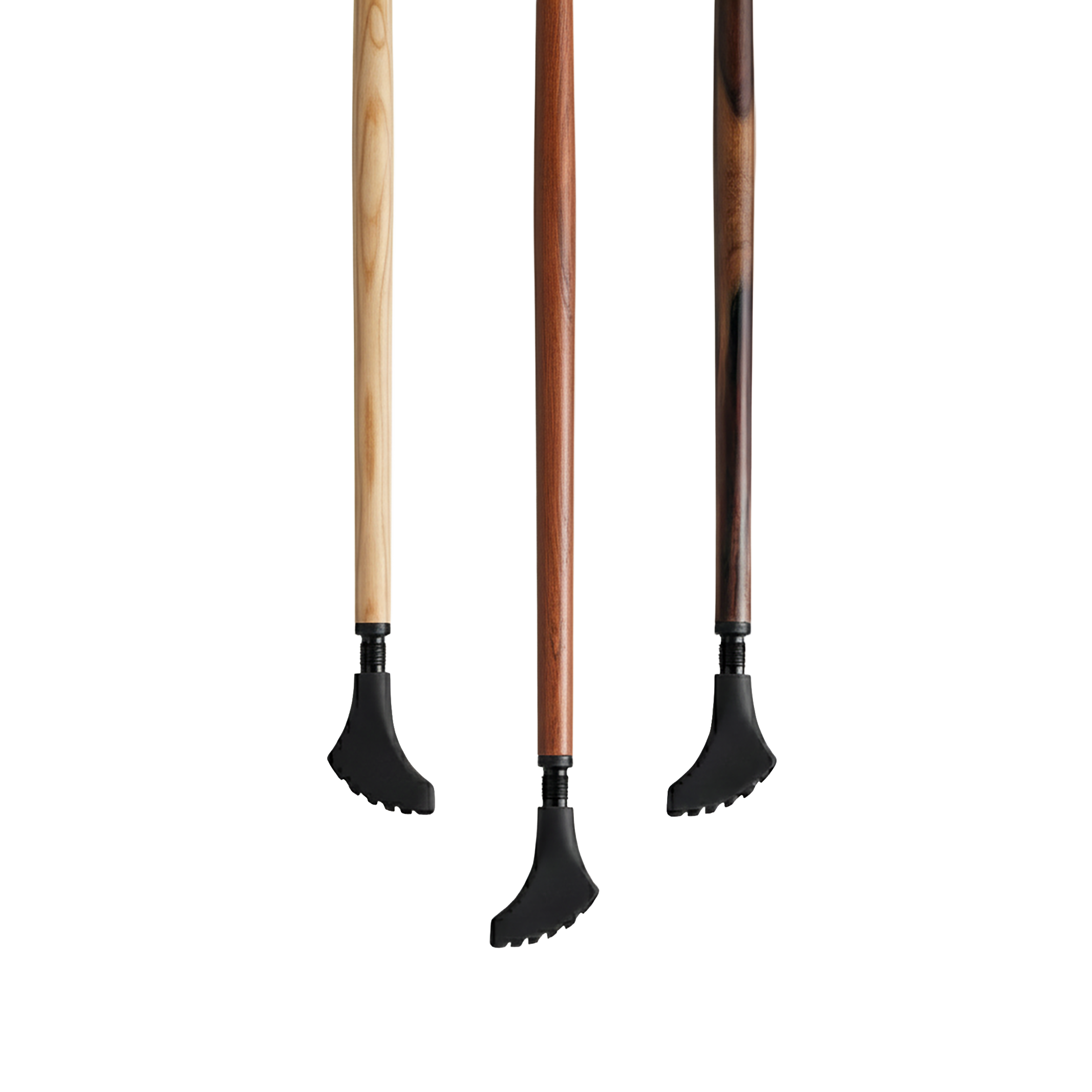 Three nordic walking poles with wooden handles and black metal ends on a white background