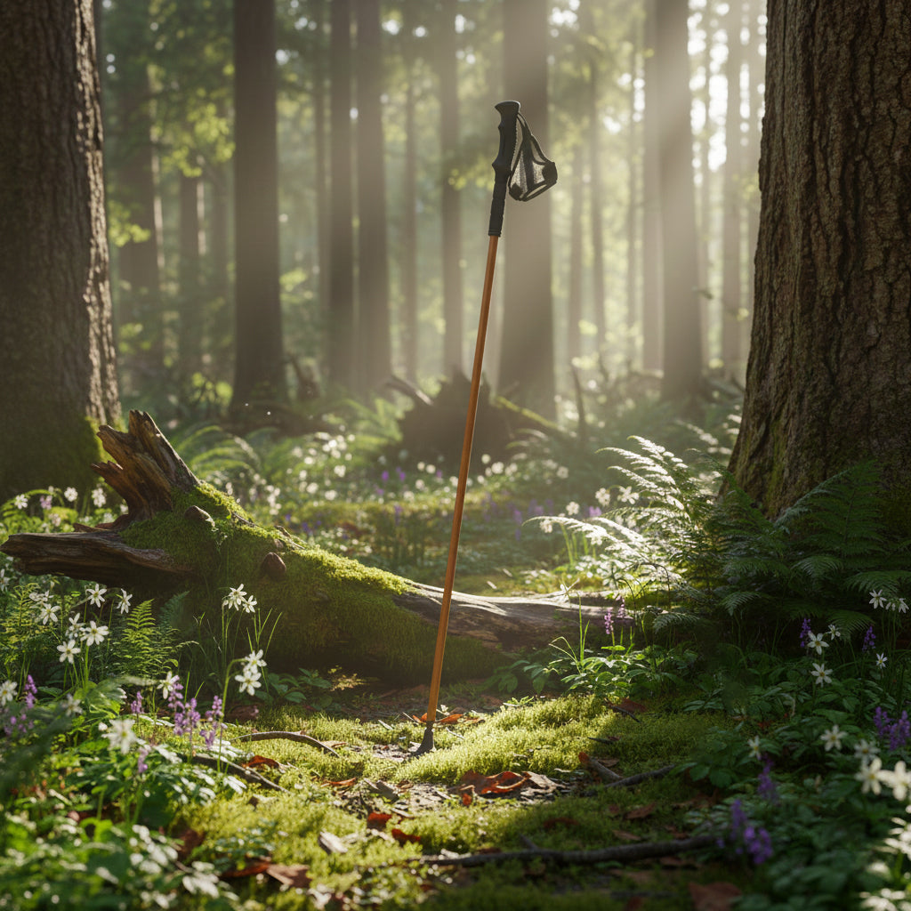 nordic walking pole leaning against a tree in a serene forest with sunlight filtering through the trees.